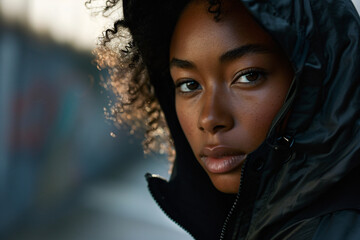 Winter Whispers: African-American Teen in Cozy Black Parka, Intimate Urban Portrait