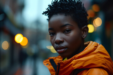 Downtown Cool: Young Black Boy in Vibrant Yellow Jacket, Evening City Lights