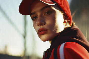 Urban Sport Chic: Young Female in Striped Red Jacket, Baseball Cap, Sunlit City Background