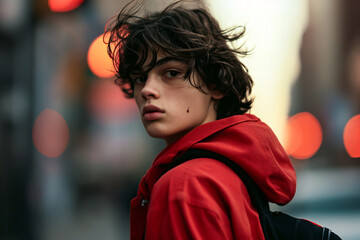 City Wanderer: Teen Boy with Curly Hair in Red Hooded Jacket, Urban Evening