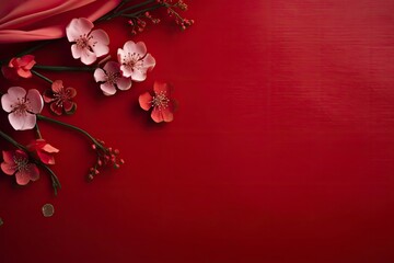Chinese new year decoration on red background, flat lay , copy space - generative ai