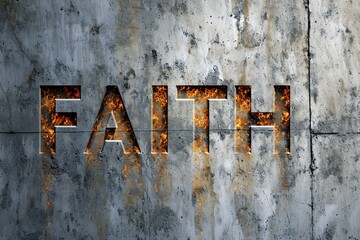 A concrete wall bearing the fiery inscription of the word faith