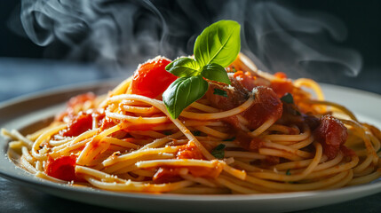 A dish of traditional Italian spaghetti pasta with tomato sauce and basil.  - obrazy, fototapety, plakaty