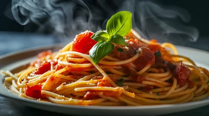 Fotobehang A dish of traditional Italian spaghetti pasta with tomato sauce and basil.  © Andrea Raffin
