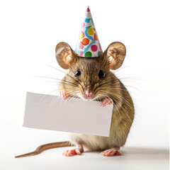 Adorable field mouse dressed up for a birthday party, holding a blank sign, space for copy