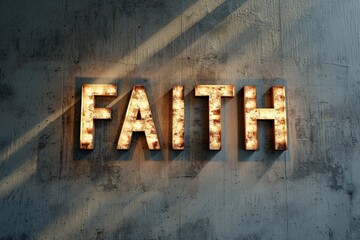 Bright lights illuminate the word faith on a solid concrete wall - obrazy, fototapety, plakaty