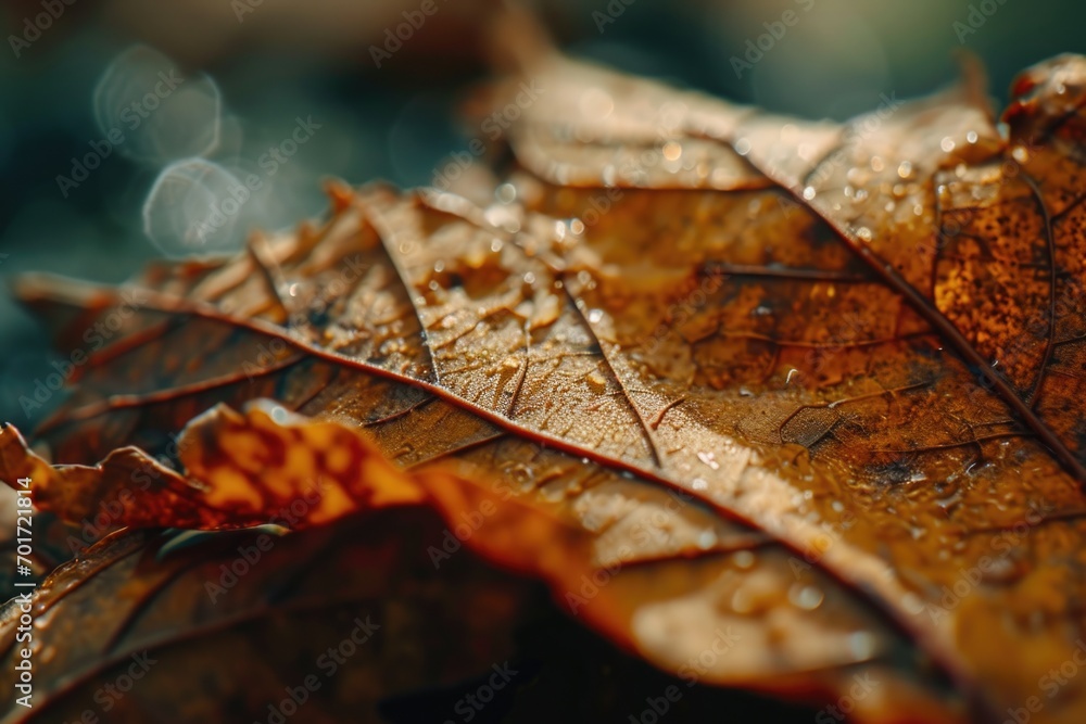 Poster A detailed view of a leaf covered in glistening water droplets. Perfect for nature enthusiasts and those in need of a refreshing image
