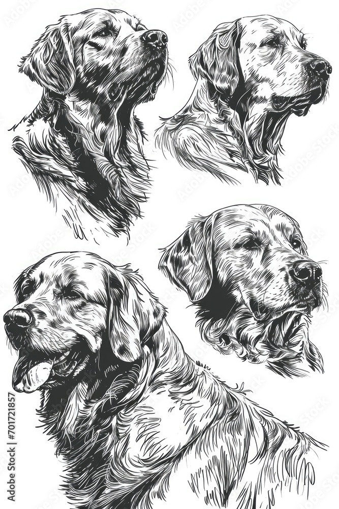Poster four black and white illustrations of different dog breeds. ideal for use in various projects and de