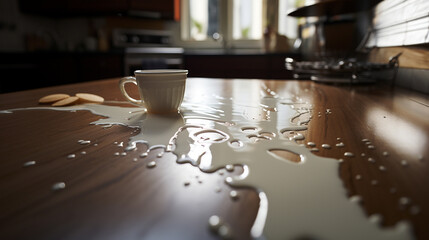 Cup of milk spilled on the kitchen table - obrazy, fototapety, plakaty