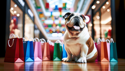 bulldog with shopping bags inside mall. English Bulldog waiting with bags in a Store