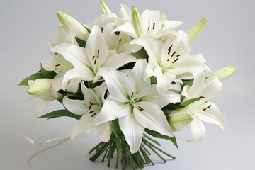 Bouquet of White Lilies on White Background Graceful white lilies in a sophisticated bouquet, radiating purity and elegance, against a white backdrop . Generative AI,