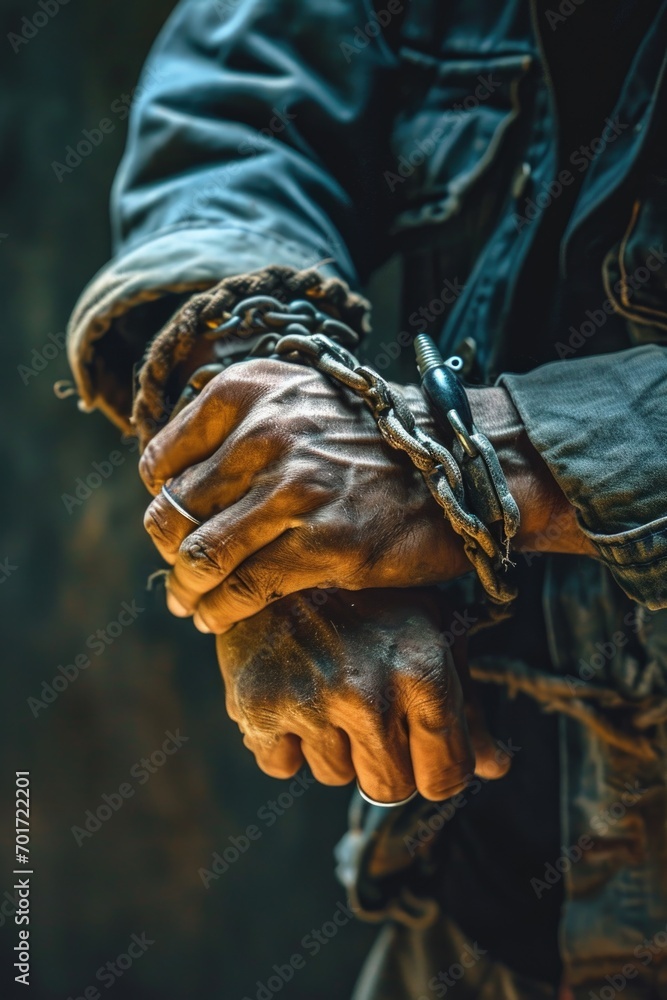 Poster a close-up image of a person holding a pair of handcuffs. this versatile picture can be used to illu