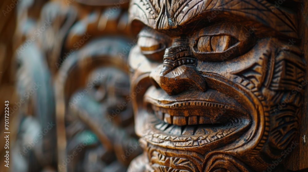 Poster A detailed close up of a wooden carving of a face. Perfect for adding a rustic touch to your home decor or for use in art projects