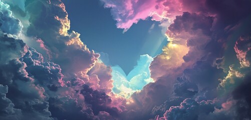 A dreamlike scene with rainbow-hued heart-shaped clouds dancing across the sky, creating a visually stunning and romantic android wallpaper captured with precision in HD.