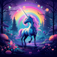 Neon-hued unicorn set within a fantastical landscape filled with rainbows Generative AI