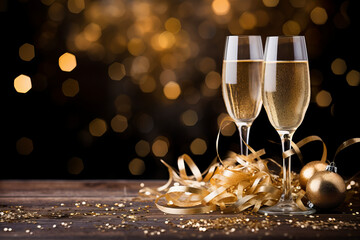 Champagne and Flutes with Glitter Luxurious New Year celebration background with champagne flutes, glitter, and golden decorations. Festive and elegant . Generative AI,