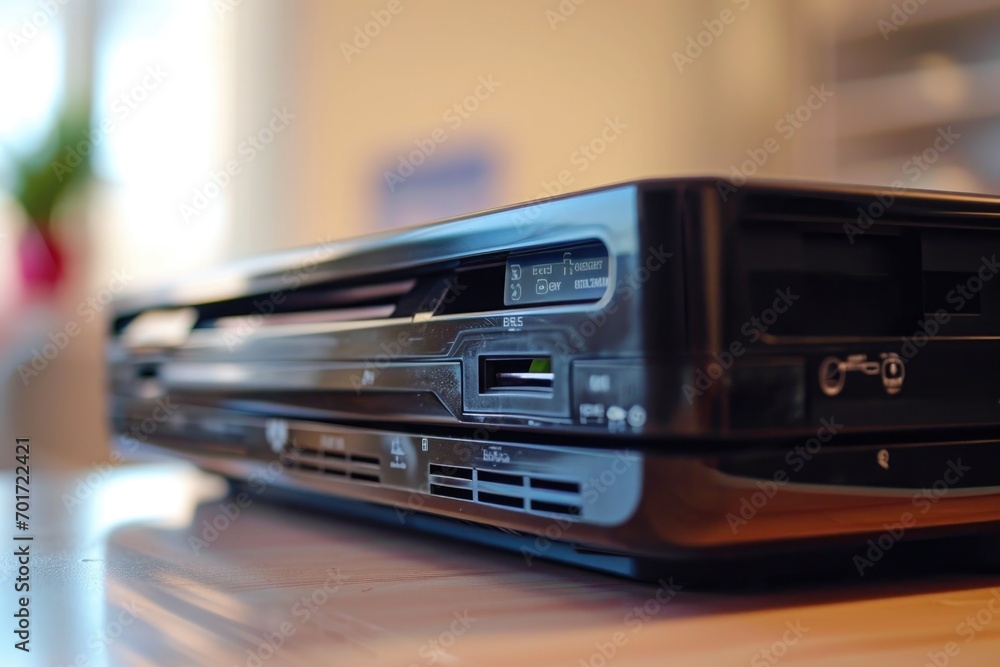 Poster A detailed close-up shot of a DVD player placed on a table. Perfect for illustrating home entertainment setups or technology-related articles