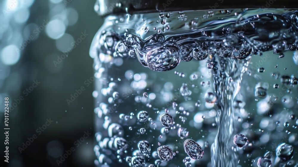 Poster A close-up view of water pouring from a faucet. This image can be used to illustrate concepts related to water conservation or household utilities