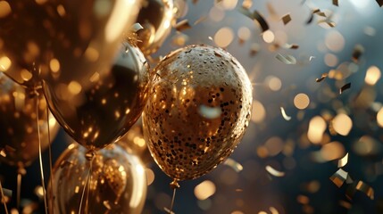 Colorful gold balloons and confetti create a festive atmosphere. Perfect for parties, celebrations, and special occasions - obrazy, fototapety, plakaty