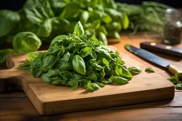 Chopping Fresh Basil on Wooden Board Green basil leaves being finely chopped on a wooden cutting board, perfect for Italian cuisine backgrounds.   Generative AI,