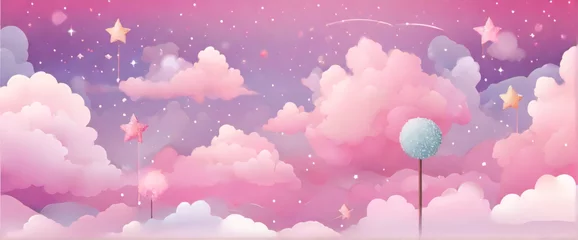 Fotobehang Rainbow unicorn background. Fantasy cloudy pink sky. Cute pastel vector scene with candy colors. Magic princess landscape with fairy stars and glitter. © Cobe