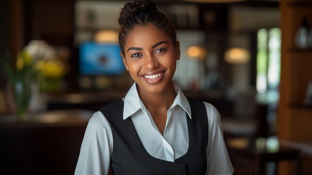 The maid who wears a uniform is smiling