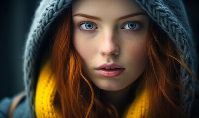 Captivating Young Redheaded Woman with Striking Blue Eyes Wearing a Warm Hood and Yellow Scarf