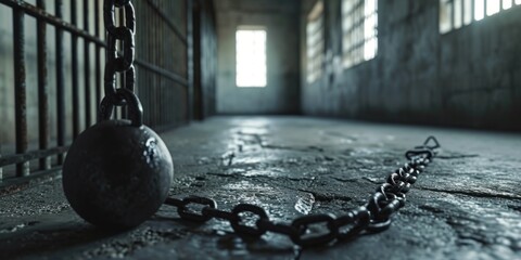 A ball is seen chained to a chain inside a jail cell. This image can be used to represent confinement, restriction, or imprisonment - obrazy, fototapety, plakaty
