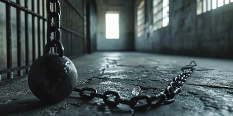 Foto op Plexiglas A ball is seen chained to a chain inside a jail cell. This image can be used to represent confinement, restriction, or imprisonment © Fotograf