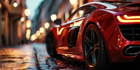 A red sports car parked on the side of a street. Suitable for automotive-related projects