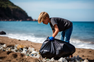 Young boy helping to clean up rubbish by picking up discarded plastic waste and trash from a beach