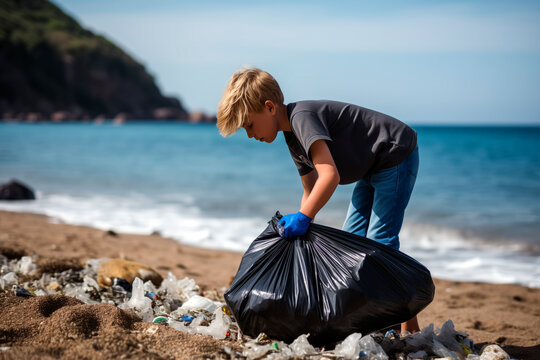 Young boy helping to clean up rubbish by picking up discarded plastic waste and trash from a beach - Powered by Adobe