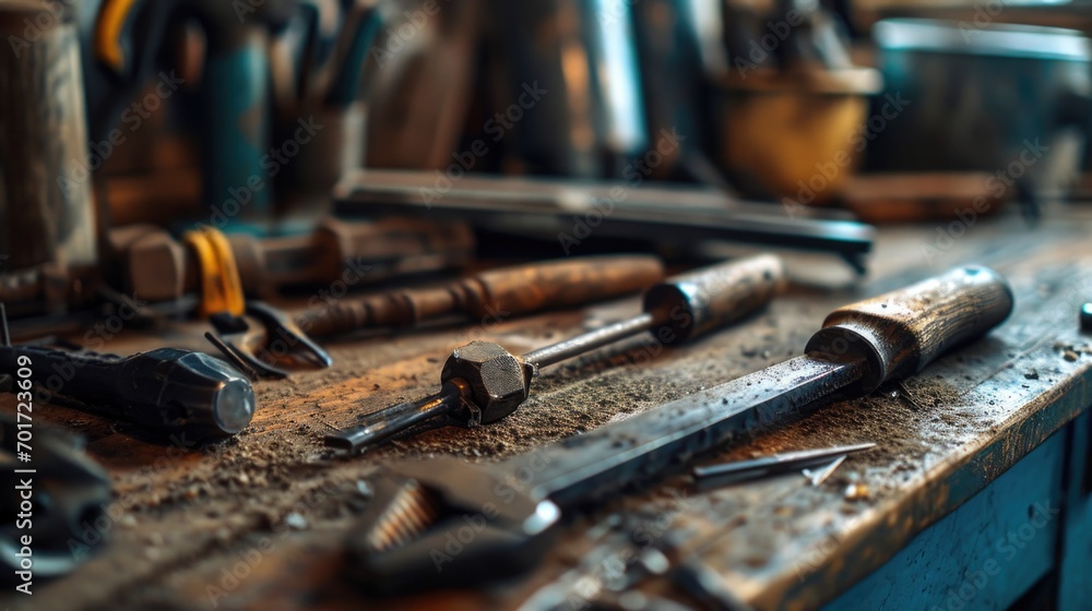 Poster A collection of tools neatly arranged on a table. Perfect for DIY projects and handyman concepts