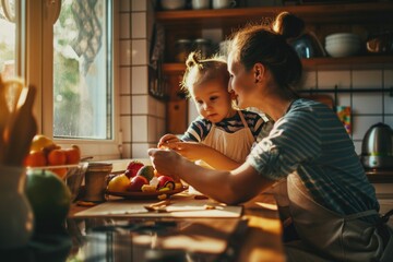 A woman and child are seated at a kitchen counter. This image can be used to depict family bonding, cooking, or mealtime activities - obrazy, fototapety, plakaty