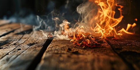 Fire burning on a wooden table, suitable for concepts related to warmth and coziness