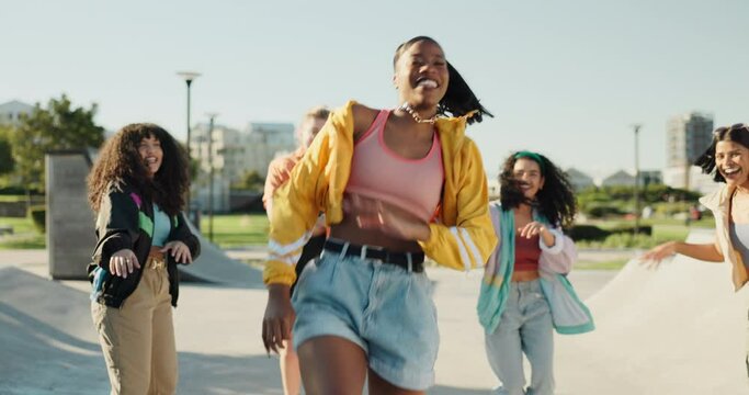 Black woman, outdoor or group dancing with hip hop fashion, cool swag or freestyle for wellness. Dancers, women friends or gen z girls with energy, freedom or unique talent for a happy celebration