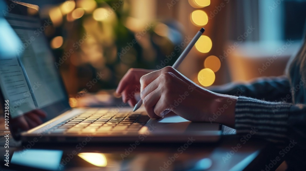 Aufkleber A person using a laptop and typing while holding a pen. Suitable for illustrating work, productivity, and multitasking concepts