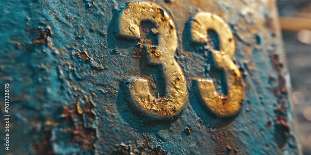 Poster A close up view of a number on a rusty surface. This image can be used for various purposes