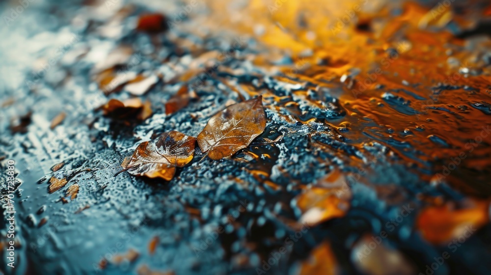 Poster a close up view of a single leaf on a wet surface. this image can be used to depict nature, rain, or