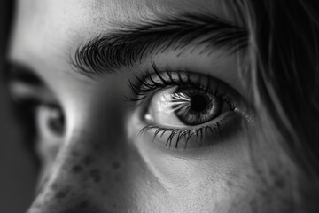 A black and white photo capturing the beauty and detail of a woman's eye. Perfect for adding a touch of elegance to any project