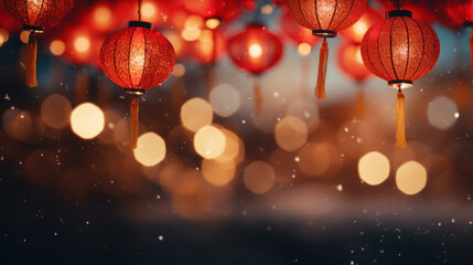 Fototapeta premium Happy chinese new year 2024. Chinese lanterns hanging against with blurred lighting background. Religion and culture of Chinese festival celebration traditional. For ads, social media. Generative AI
