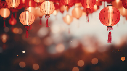 Happy chinese new year 2024. Chinese lanterns hanging against with blurred lighting background. Religion and culture of Chinese festival celebration traditional. For ads, social media. Generative AI - obrazy, fototapety, plakaty