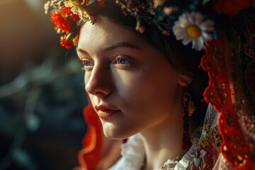 Naklejka premium A woman wearing a flower crown on her head. Suitable for spring or summer-themed designs