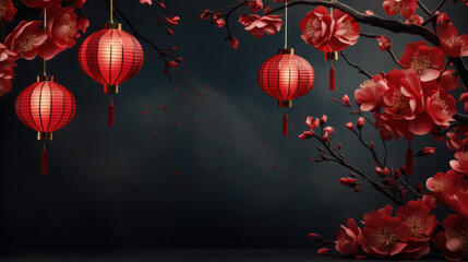 Obraz premium Happy chinese new year 2024. Sakura branches of blossoming against with a chinese lanterns of blurred background. Religion and culture of Chinese festival celebration traditional . Generative AI