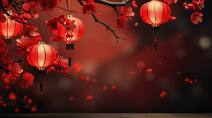 Happy chinese new year 2024. Sakura branches of blossoming against with a chinese lanterns of blurred background. Religion and culture of Chinese festival celebration traditional . Generative AI - obrazy, fototapety, plakaty