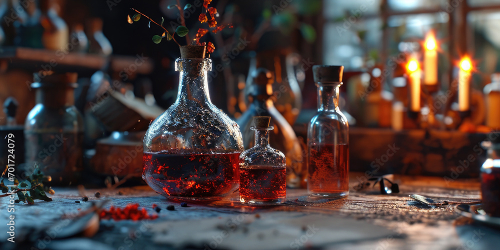 Fototapete bottles arranged on a table, suitable for various themes and concepts