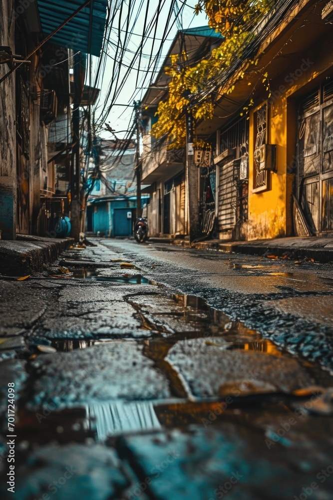 Poster a wet street with a puddle of water. suitable for various uses