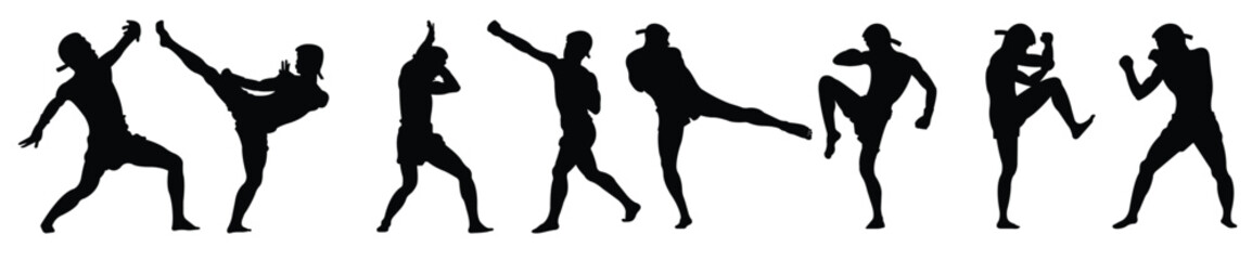Fototapeta na wymiar Set of male silhouette Muay Thai kickboxing kick boxer boxing men isolated. Thai Boxing fight traditional dance before fight, Vector illustration