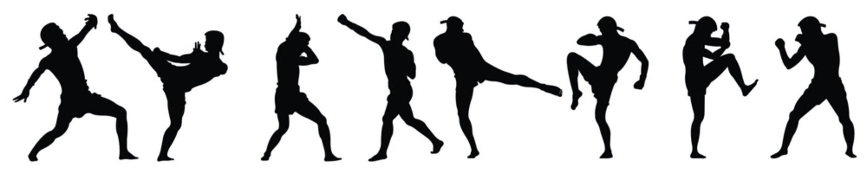 Set of male silhouette Muay Thai kickboxing kick boxer boxing men isolated. Thai Boxing fight traditional dance before fight, Vector illustration