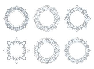 Set of decorative frames Elegant vector element for design in Eastern style, place for text. Floral gray and white borders. Lace illustration for invitations and greeting cards